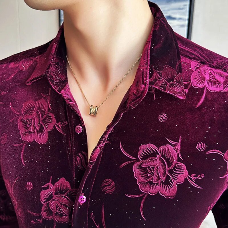 Floral Pattern Velvet Slim Fit Shirt