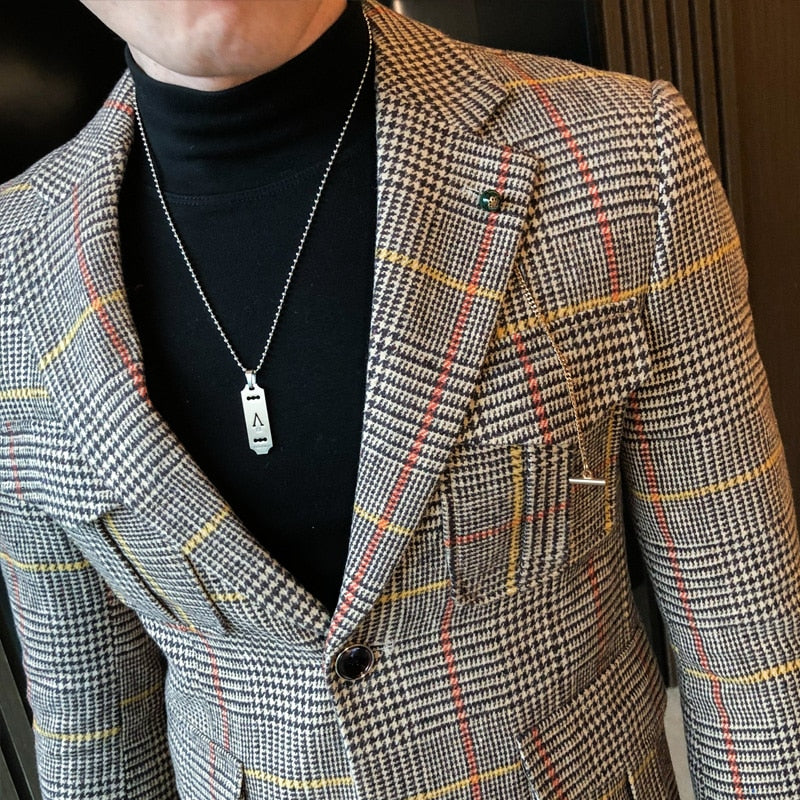 Blazer de hombre con patrón de cuadros de tartán estilo vintage elegante