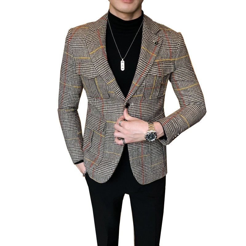 Blazer de hombre con patrón de cuadros de tartán estilo vintage elegante