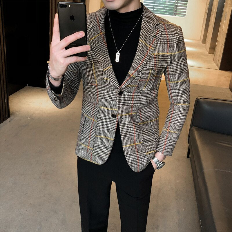 Elegant Vintage Style Tartan-Check Pattern Men Blazer