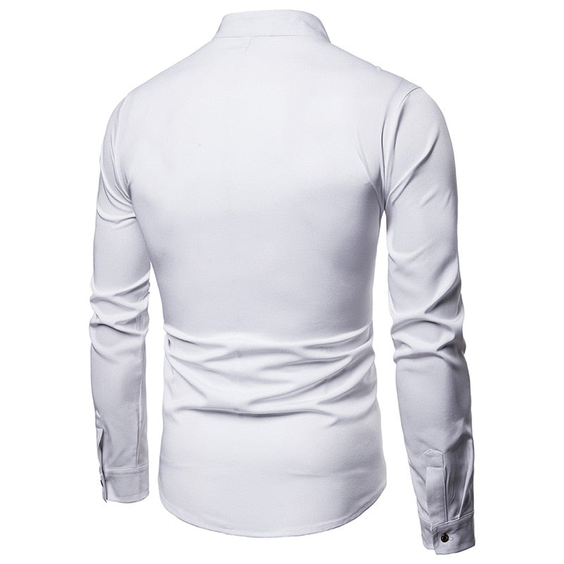 Camisa de manga larga para hombre estilo cuello mandarín con botones oblicuos en blanco sólido y negro