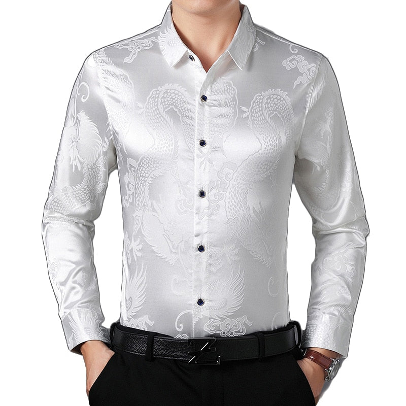 Smooth Silk Satin Chinese Dragon Jacquard Slim Fit Long Sleeve Style Men Shirt