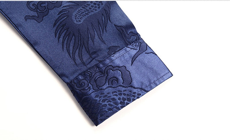 Smooth Silk Satin Chinese Dragon Jacquard Slim Fit Long Sleeve Style Men Shirt