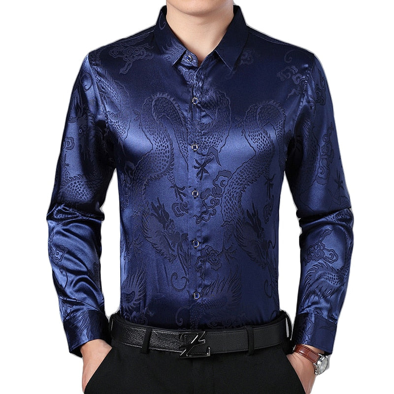 Smooth Silk Satin Chinese Dragon Jacquard Slim Fit Long Sleeve Style Men Shirt