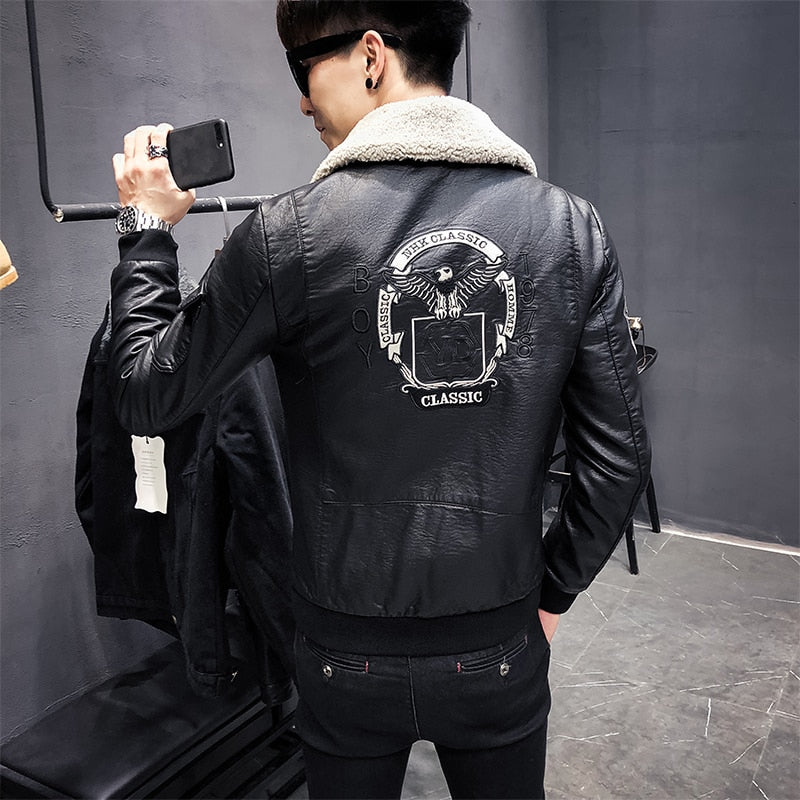 Winter Black Leather with Detachable Wool Collar Combination Men Jackets