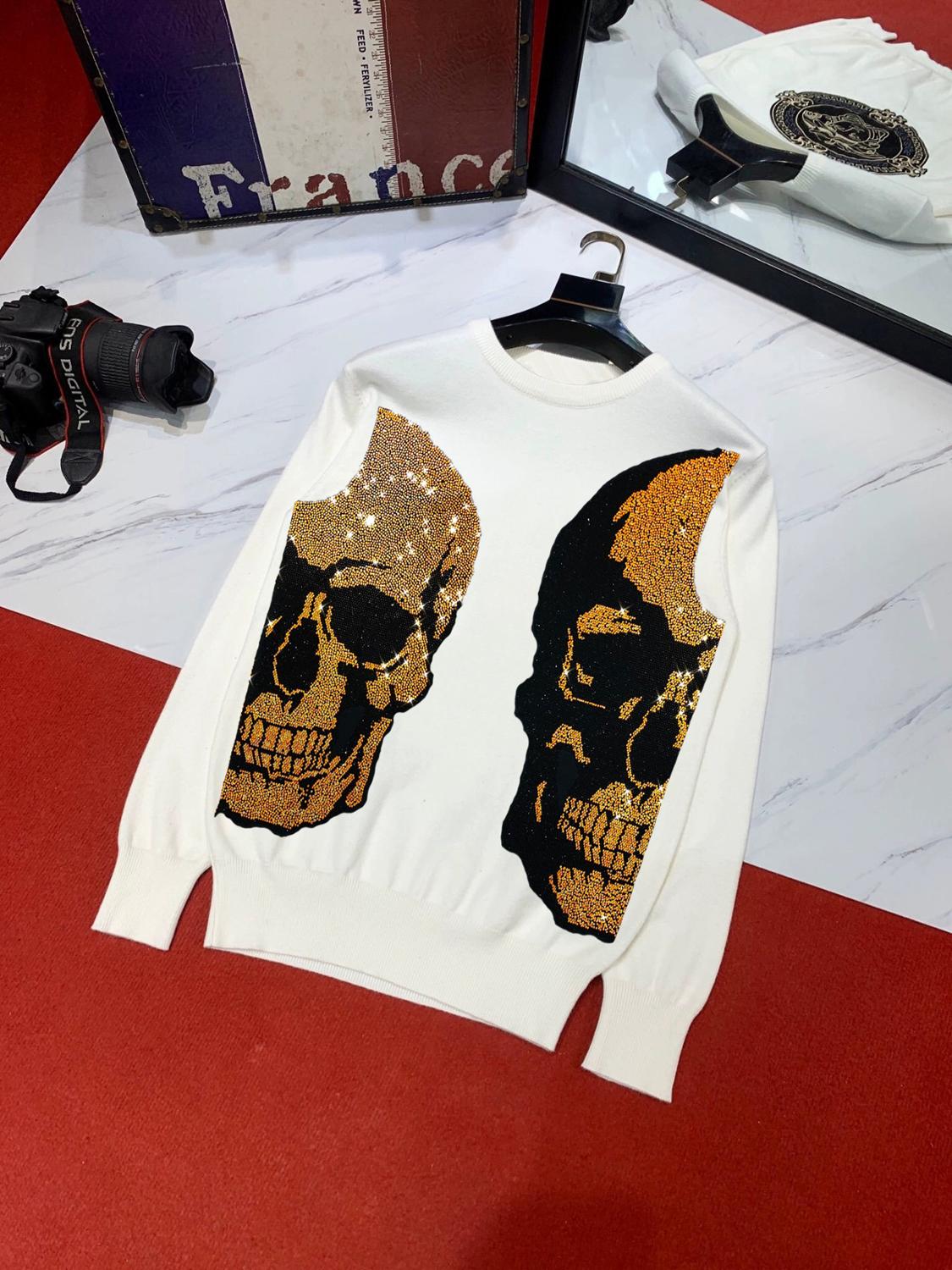 Two Half-Skull Rhinestone Decorated Sweatshirt