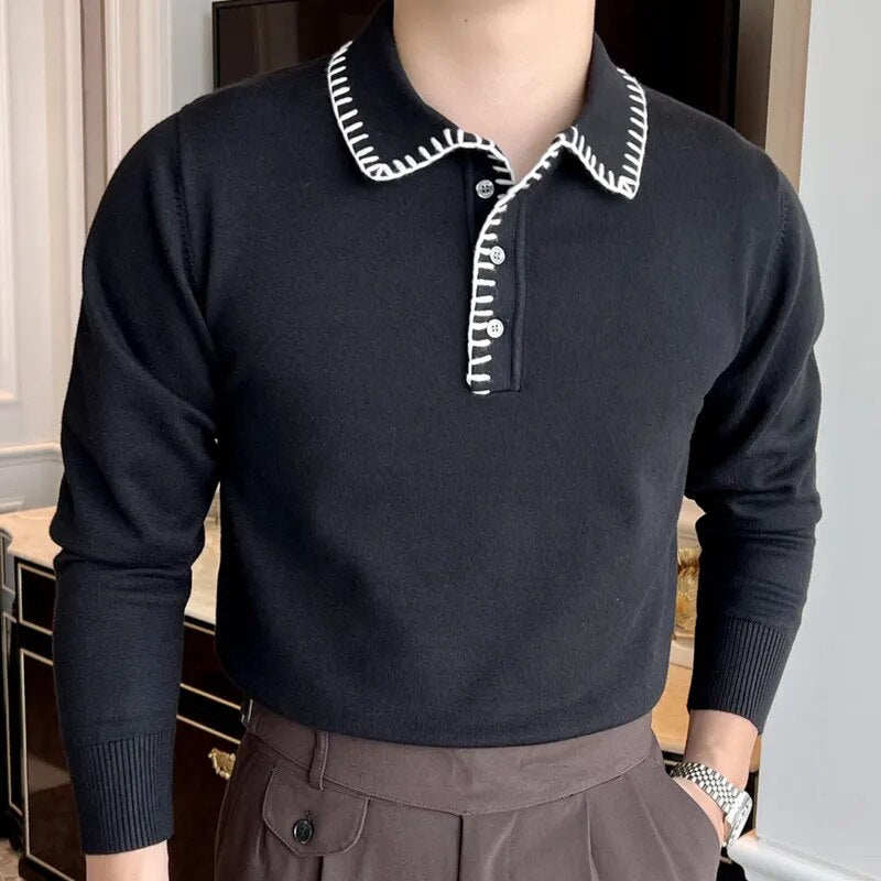 Black White Contrast Stitched Collar Sweater