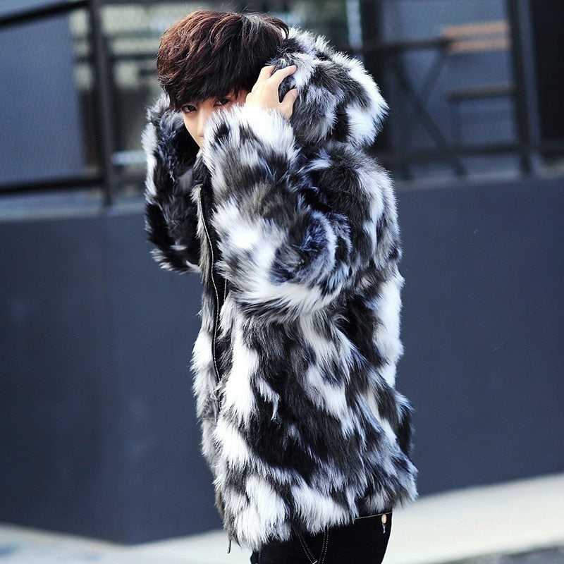 Black and White Fur Luxurious Men Jacket with Hoody - FanFreakz