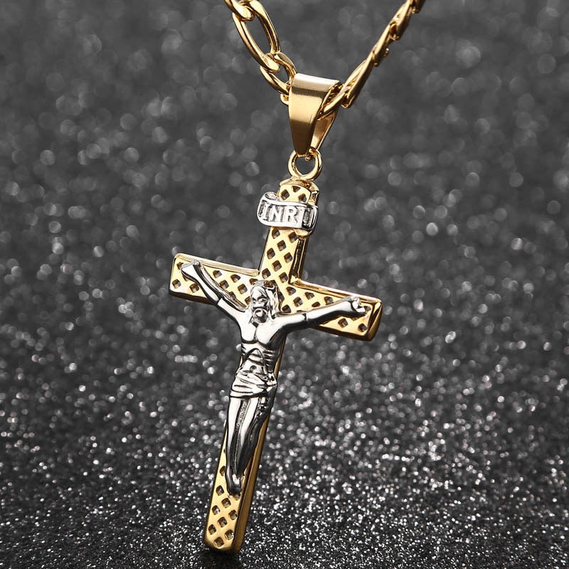 Colgante de cruz cristiana, cadena hueca de acero inoxidable, collares para hombres