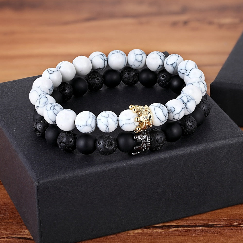 Piedra de ónix mate de piedra natural con accesorios de corona Pulsera de cuentas para hombre