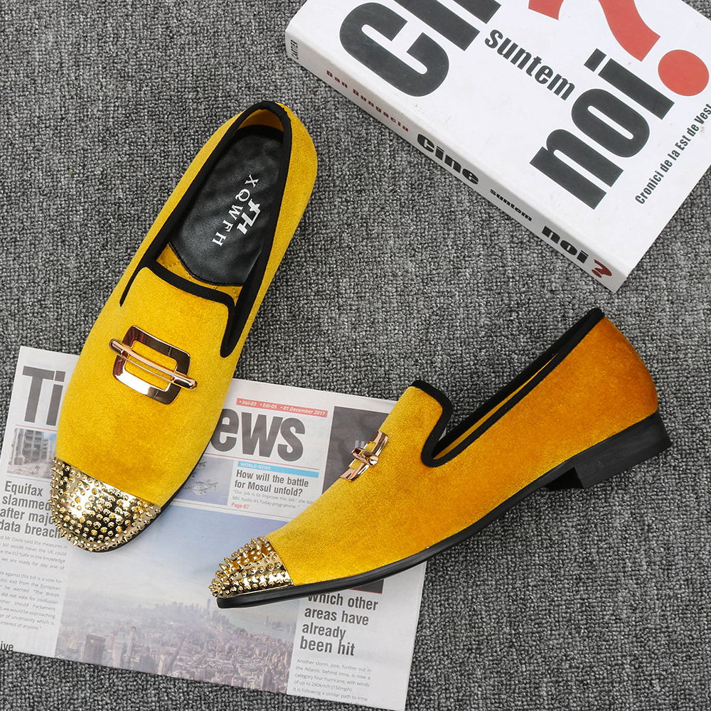 Yellow Gold Velvet with Rivets Toe Men Loafers Shoes