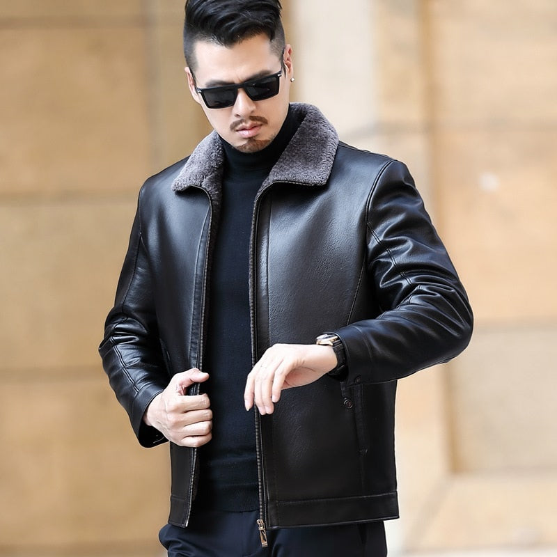 Chaqueta de carbón sólido con cuello de piel