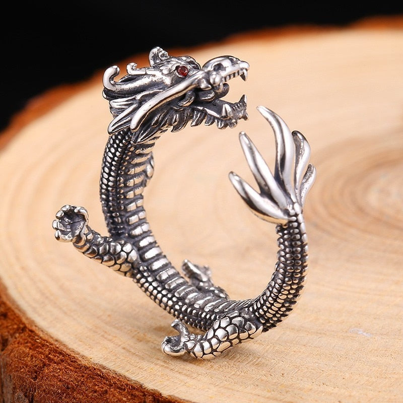 Bagues pour hommes en argent sterling réglables avec dragon vintage