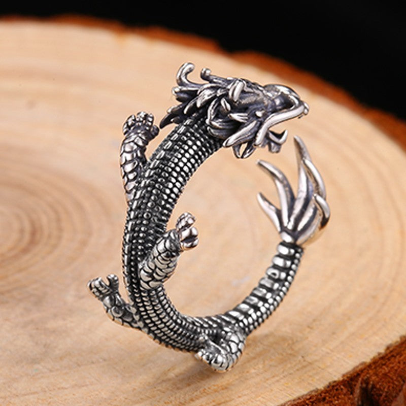 Bagues pour hommes en argent sterling réglables avec dragon vintage