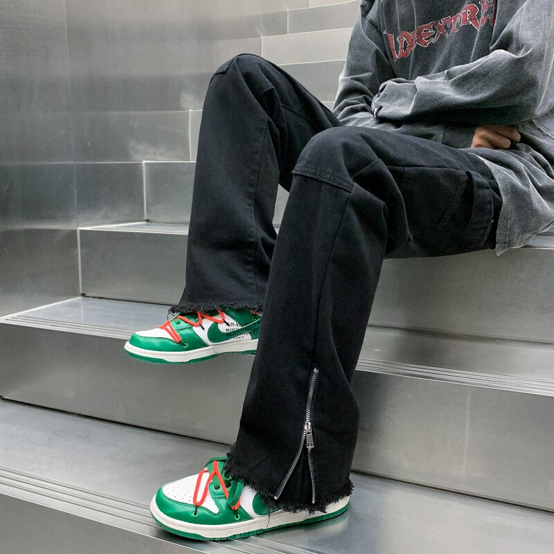 Zipper Straight Loose Clean White Jeans