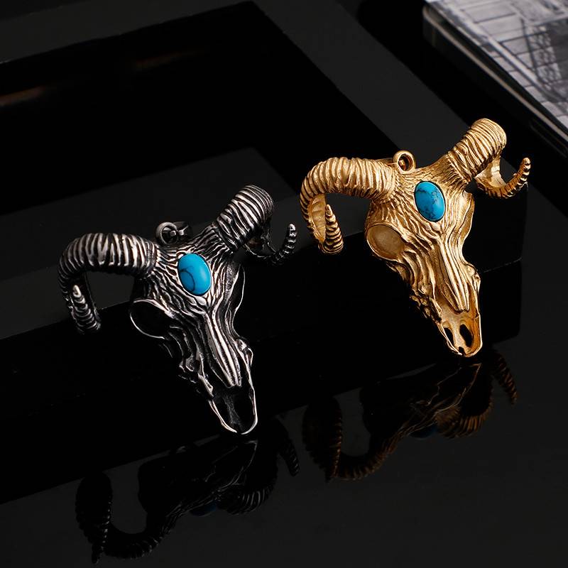 Stainless Steel Goat Horn Pendant with Blue Stone Men Necklace