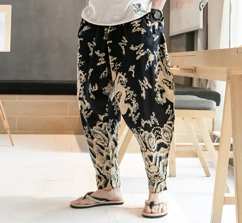 Chinese Dragon Print Wide Leg Japanese Streetwear Style Men Joggers Pants - FanFreakz