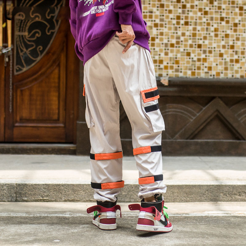 Pantalones bolsillos laterales cargo hip hop casual hombres streetwear naranja