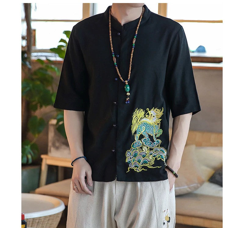 Style japonais broderie élégante manches courtes conception hommes chemises en lin