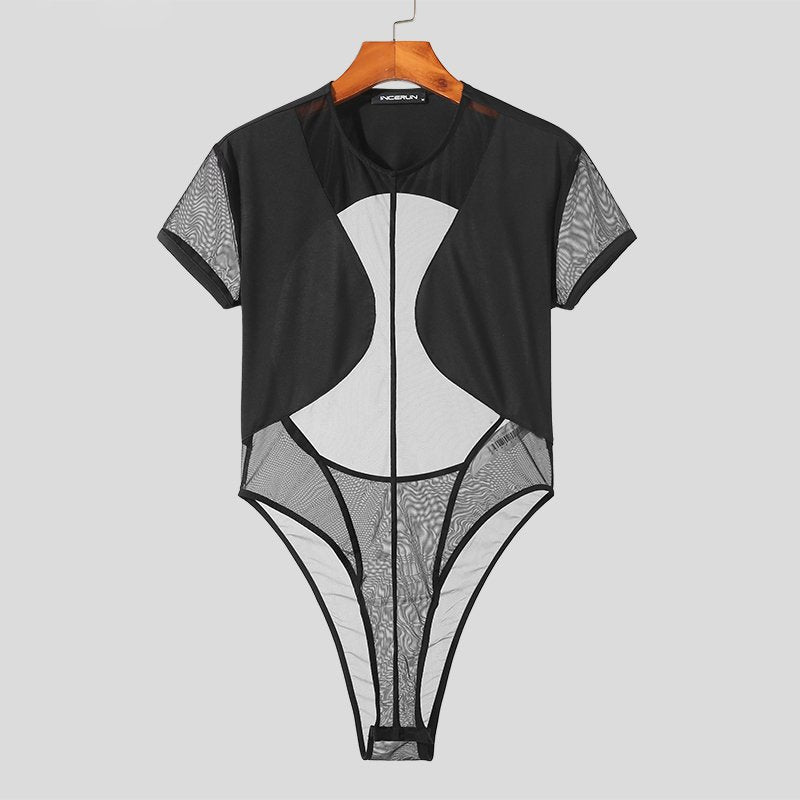 Black Mesh Patchwork Backless Bodysuit