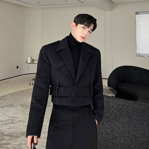 Solid Woolen Belt Short Jacket