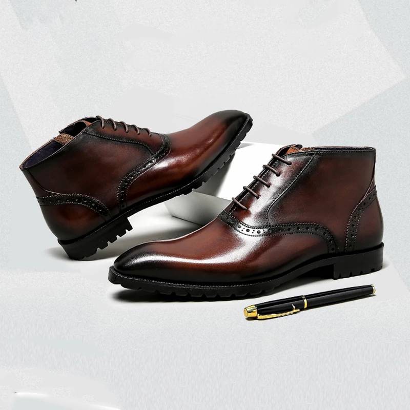 Bottines Chelsea d'hiver à lacets en cuir véritable