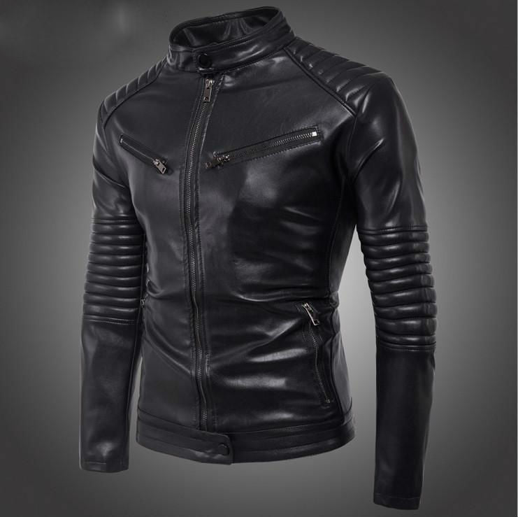 Quilted Shoulder and Sleeves Biker Style Men Pu Leather JAcket