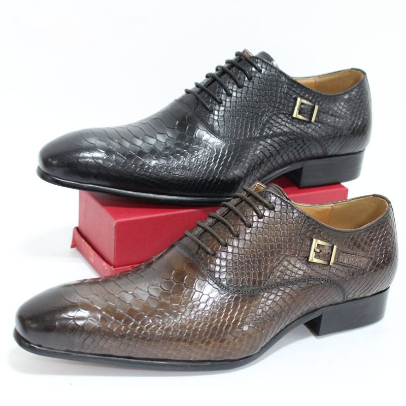 Black Coffee Pointed Toe Snake Skin Pattern Business Style Men Shoes