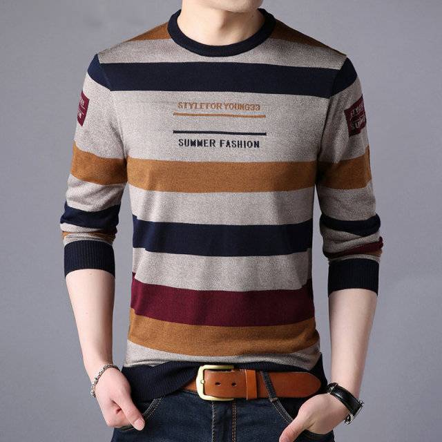 Front Letter Style Striped Pattern Sweater