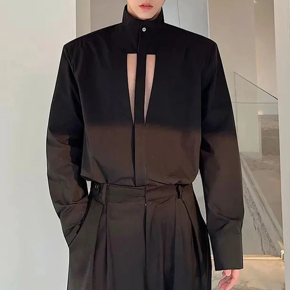 Solid Hollow Out Stand Collar Shirt