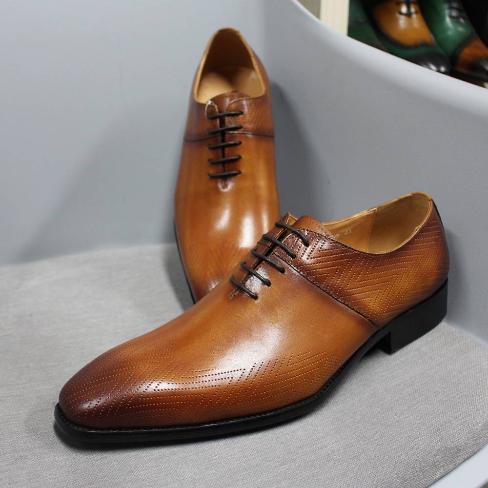 Genuine Leather Jagged Pattern Brown Oxford Shoes