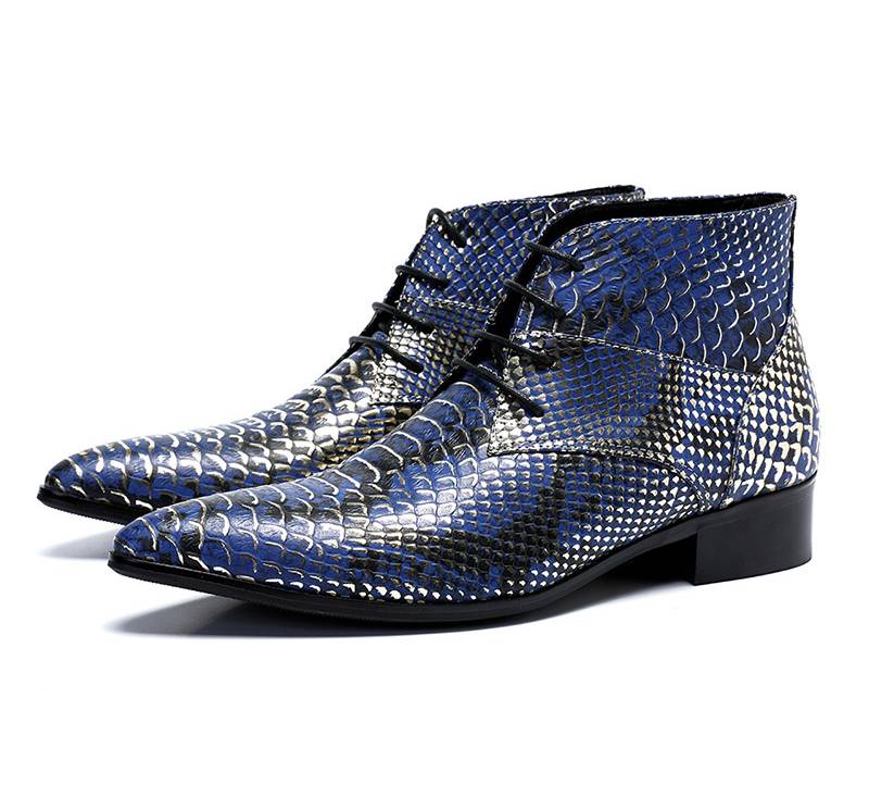 Bottines de luxe à bout pointu pour hommes à motif bleu