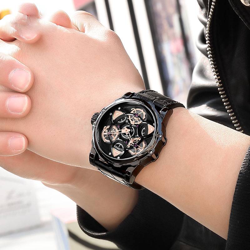 Creative Rotate Design in Leather Band Casual Men Watches