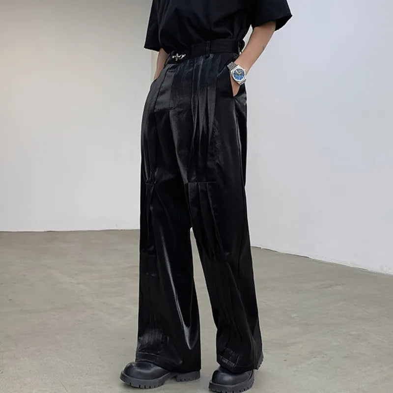 Black Pleated Metal Buckle Design Trousers