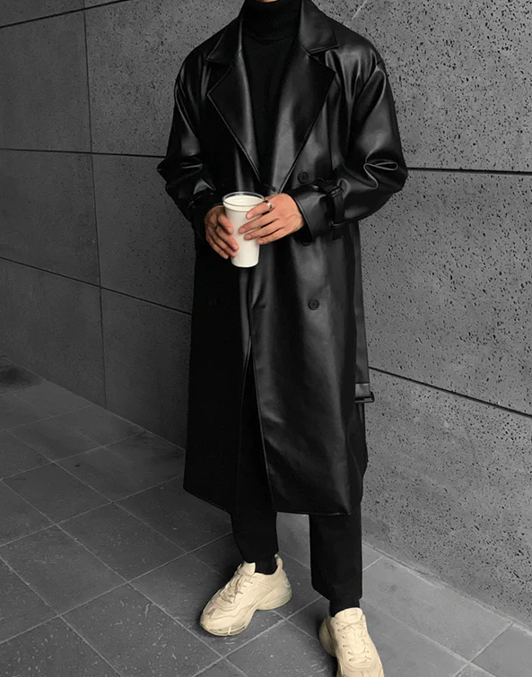 Double Breasted Belt Solid Black Loose Coat
