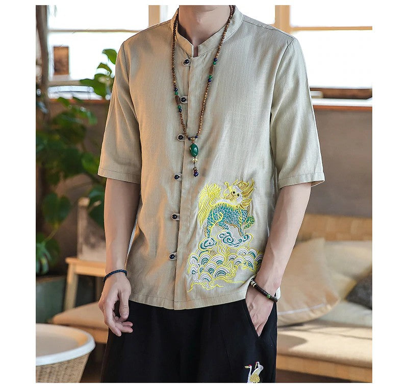 Style japonais broderie élégante manches courtes conception hommes chemises en lin