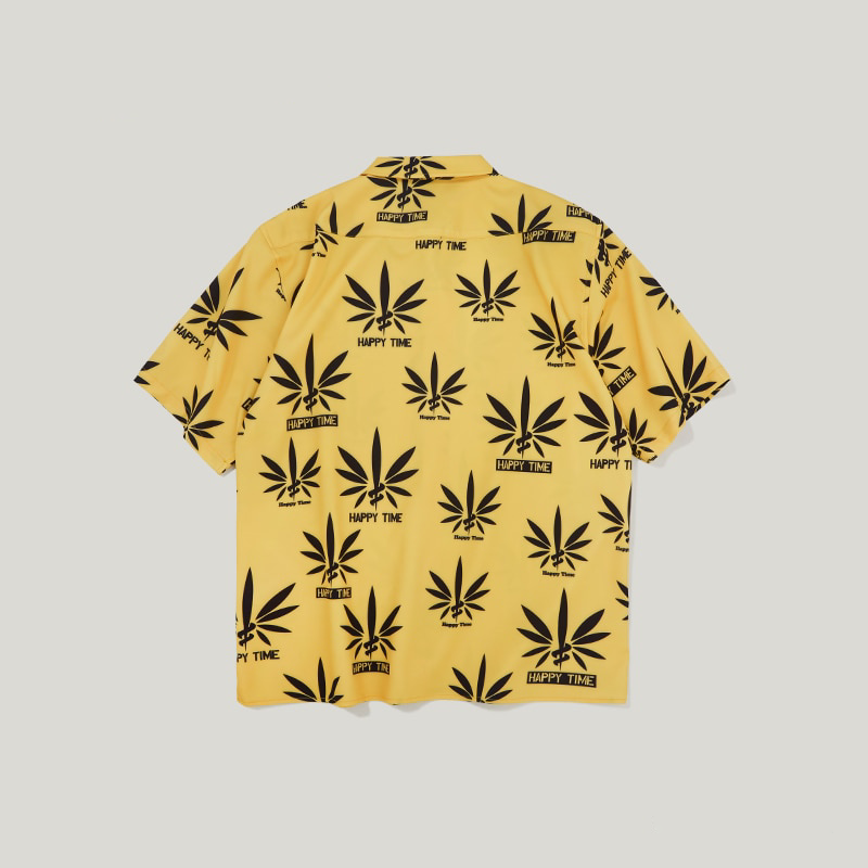 Yellow with Leaf Print in Summer Hawaiian Loose Style Men Short Sleeves Shirt
