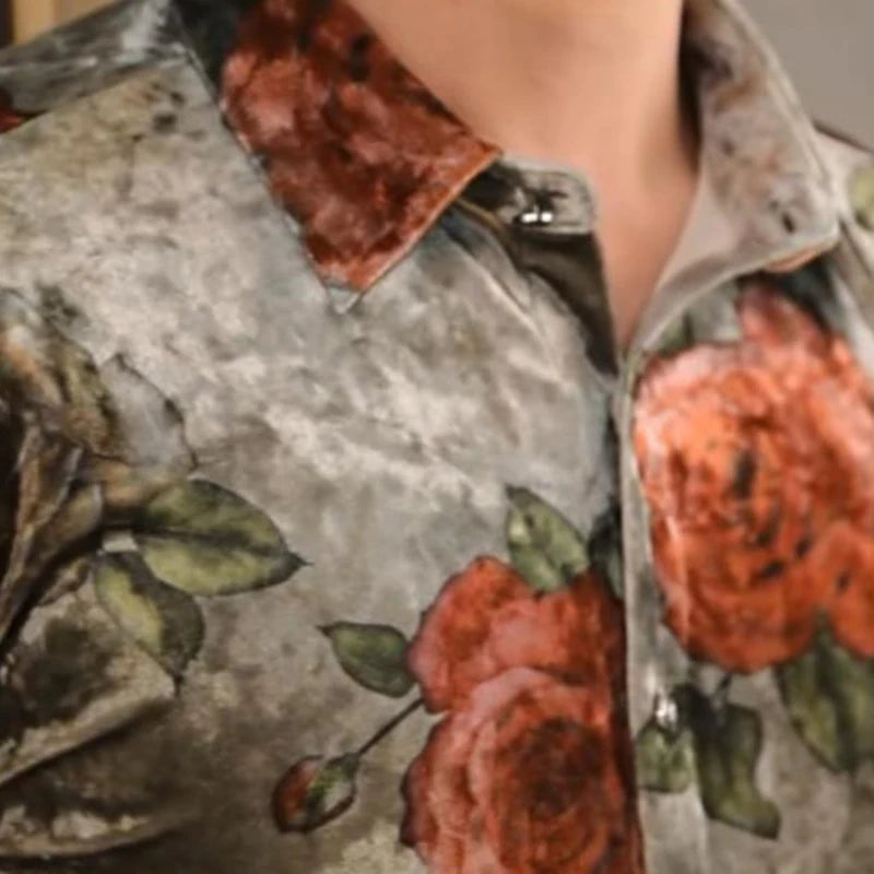 Vintage Velvet Floral Print Long Sleeve Shirt