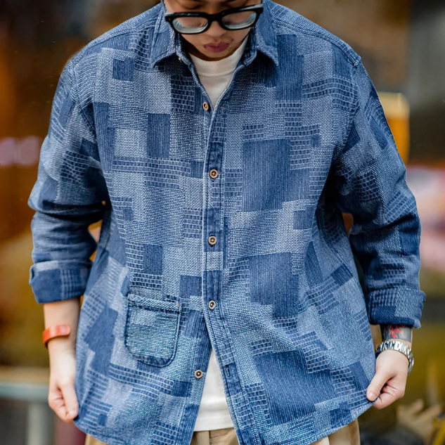Retro Jacquard Patchwork Denim Shirt