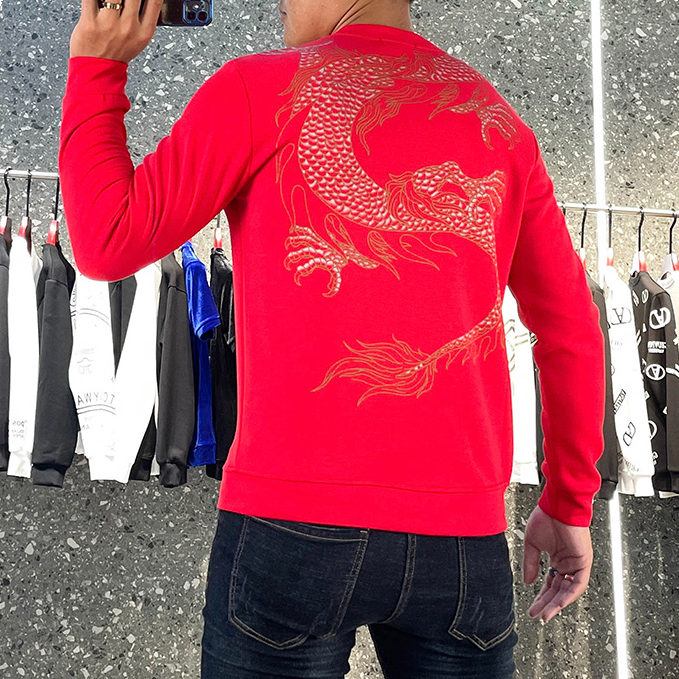 Dragon Printed Rhinestone Long Sleeve T-Shirt