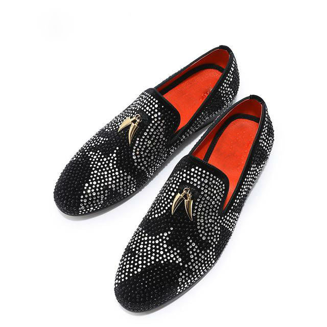 Luxury Rhinestone Handmade Men Red Black Velvet Loafer Shoes With Golden Tassel
