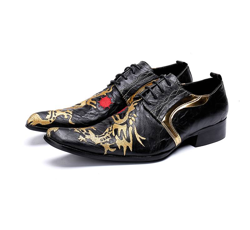 Fancy Black with Gold Painting Lace Up Details Hombres Zapatos de vestir