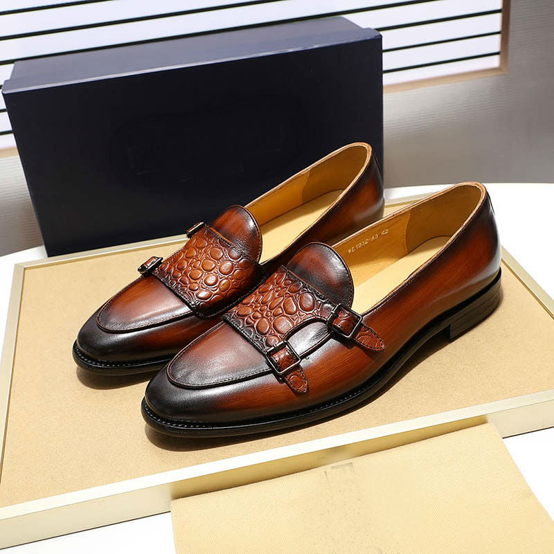Croco Embossed Closure Double Monk Strap Men Genuine Leather Shoes - FanFreakz