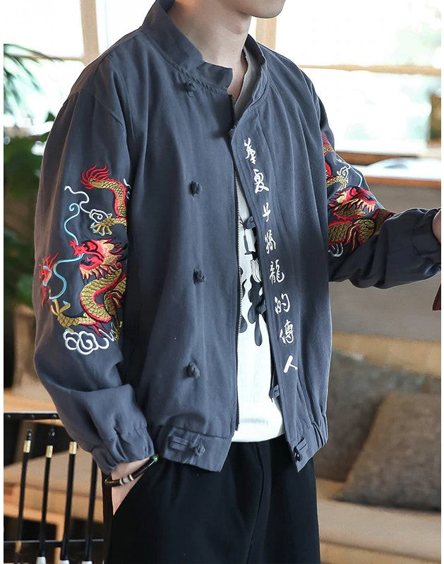 Chinese Calligraph And Dragon Embroidery Design Men Jacket - FanFreakz