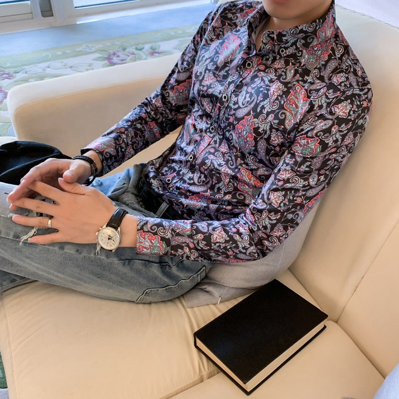 Chemises décontractées à manches longues pour hommes à imprimé cachemire lilas floral