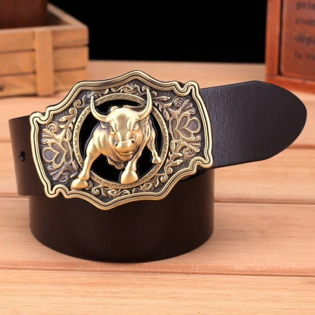 Bulls Head Big Buckle Men Leather Belt