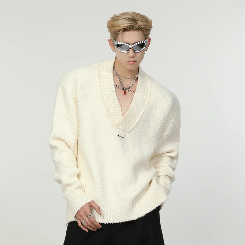 Solid Striped V-Neck Knitwear Sweater