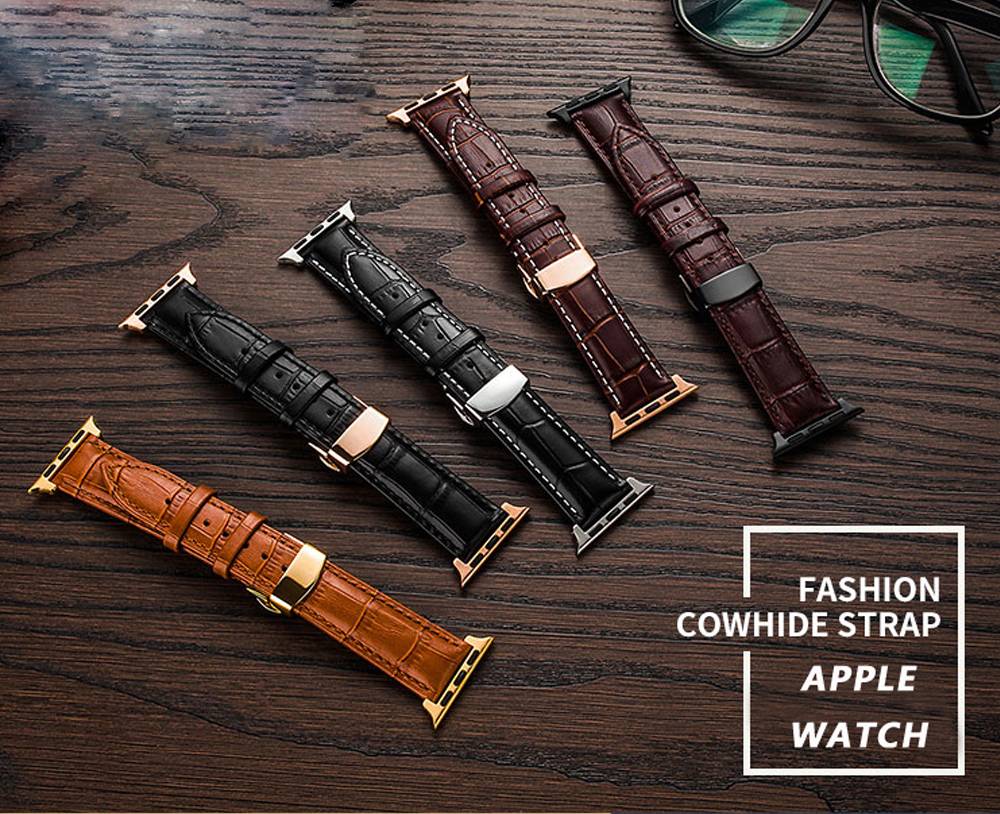 Correa de cuero con hebilla de mariposa para Apple Watch