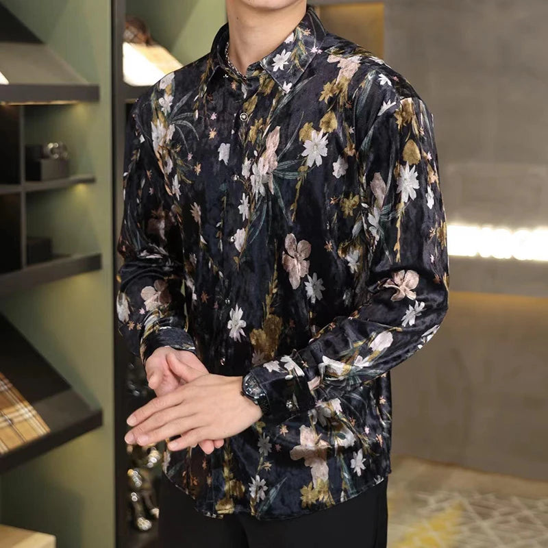Polyester Black Floral Long Sleeve Shirt