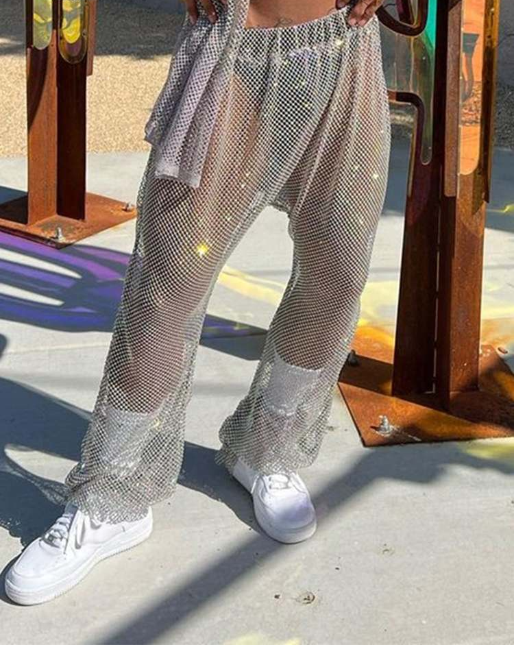 Pantalon de jogging élastique transparent en maille patchwork